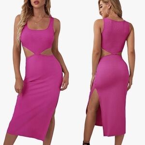 New Hot Pink Cut Out Ribbed Bodycon Midi Dress | Size XS